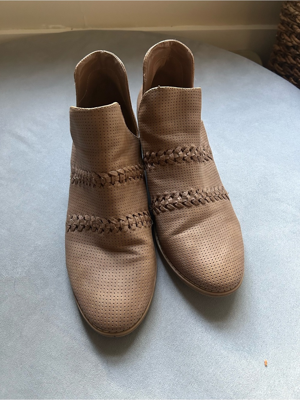 Universal Thread Tan Perforated Ankle Booties with Braided Straps